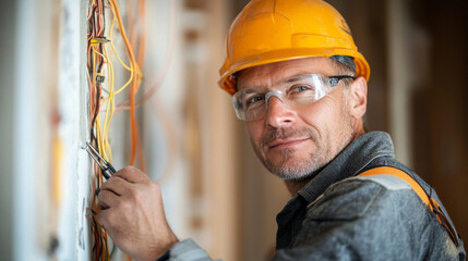 Aufkleber - A man in a yellow hard hat is working on electrical wires