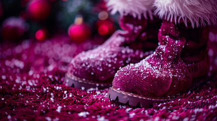 pink boots on the snow. Santa Claus boots. Happy New Year. Festive design. Holiday postcard. Xmas. Merry Christmas.