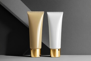 two beauty package cosmetic tubes of white, cream, gold color mockup template