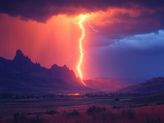 Wall Mural - Dramatic Lightning Over Mountain Range, Intense storm clouds illuminated by a striking bolt, showcasing nature's raw power and beauty.