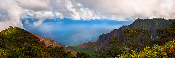 Wall Mural - High resolution detail panorama of Kalalau lookout above the Napali coast cliffs on Kauai island, Hawaii