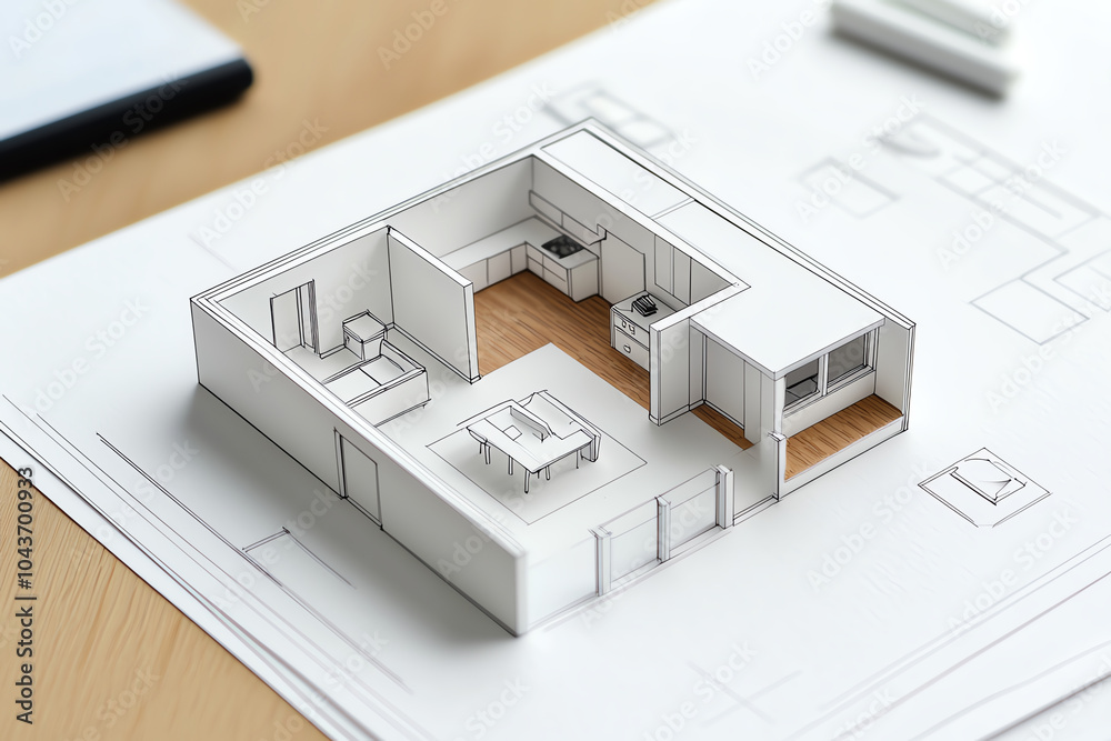 Floor plan sketch of a minimalistic interior, focusing on simple, open ...