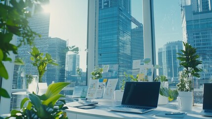 Poster - A modern office space with plants and a view of a city skyline.