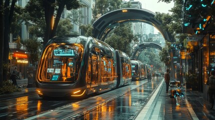 Poster - A sleek tram glides through a vibrant city street adorned with modern architecture and illuminated by neon lights in the evening rain.