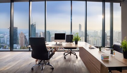 Modern office interior with furniture and city view. Workplace and lifestyle concept. Generative AI