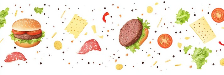 Poster - Lettuce, tomatoes, cheese, and meat are artistically scattered against a white background, creating a vibrant burger ingredient layout. Generative AI