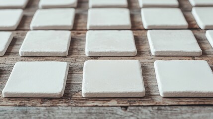 Fototapete - Square tiles arranged on a wooden surface