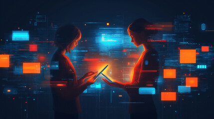 Poster - Two figures interact with devices, exchanging data amidst vibrant, colorful digital elements representing connectivity