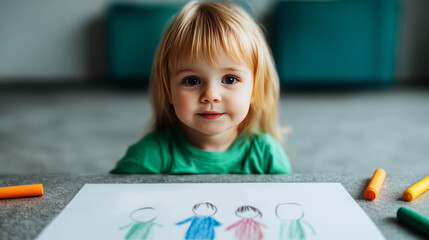 Child Smiling with Family Drawing on Paper