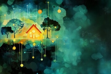 Canvas Print - Abstract Watercolor House with Trees and Connected Circles.