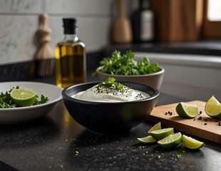 Wall Mural - 
White sauce, olive oil and herbs on the table