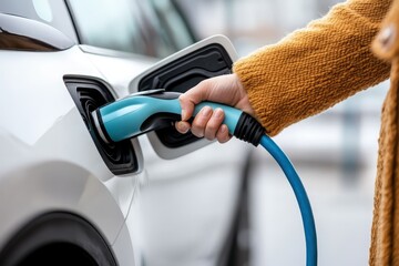 Person charging electric vehicle with a blue charging cable.