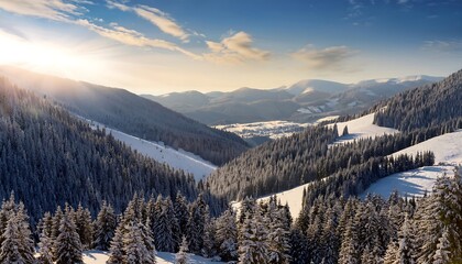 Winter wonderland with snowy mountain valley and dense conifer forests at sunset. Generative AI