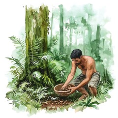 Poster - Man Gathering Nuts in a Lush Tropical Forest.