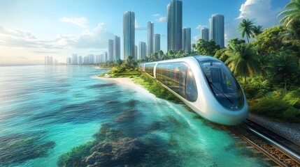 Aufkleber - A sleek, modern train glides along a coastal railway surrounded by lush greenery and tall skyscrapers. The sun rises, casting a warm glow over the tranquil waters.