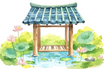 Sticker - Watercolor Illustration of a Traditional Asian Pavilion with Lotus Flowers.