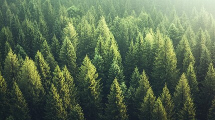  Aerial perspective of a dense forest featuring pine and spruce trees