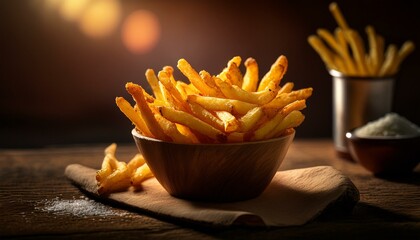 Hot and crispy golden french fries in a bowl or paper packaging with sunlight shining directly onto the fries; golden fries freshly cooked from the fryer is in display of a bowl or paper packaging