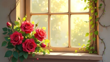 Poster - A window with a view of a tree and a bunch of red roses