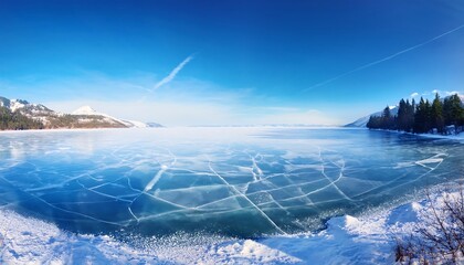 Serene winter landscape with a frozen lake and shimmering blue ice surrounded by mountains and evergreen trees. Generative AI