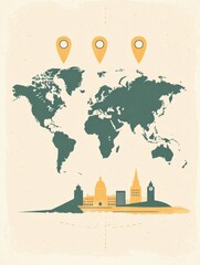 Aufkleber - A world map outline shows prominent travel destinations, marked with pins for exciting journeys around the globe. Generative AI
