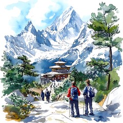 Canvas Print - Watercolor Painting of Hikers Approaching a Mountaintop Temple.