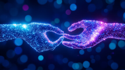 Poster - Two luminous hands connect, symbolizing data exchange in a vibrant, abstract digital setting