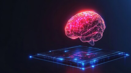 Poster - Big data and artificial intelligence concept. Human brain glowing from processor, symbolizing the fusion of human intelligence and machine learning capabilities. Evolution of technology of data 