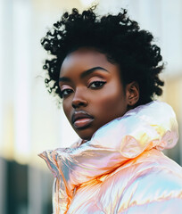 Wall Mural - Beautiful young black woman wearing fashionable winter puffer jacket	
