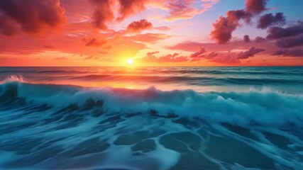 Poster - Sunset Ocean Waves: Serene ocean waves meet a vibrant sunset, creating a breathtaking scene of tranquility and natural beauty. Perfect for travel, relaxation, and nature-themed projects. 