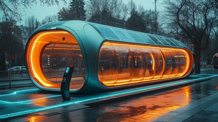 Poster - A modern transit station features glowing orange lights and a sleek design, reflecting the rainy pavement as it stands in a bustling city landscape during dusk.