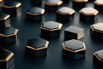 Wall Mural - Close-up of hexagonal shapes with golden edges on a dark background.