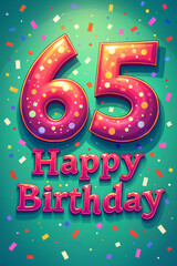 65th birthday card. Vibrant birthday greeting with the number 65 prominently displayed, signifying a celebration of someone's 65th birthday.