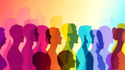 Poster - A diverse group of people stand in a line, their silhouettes filled with vibrant colors, symbolizing unity, equality, and diversity.