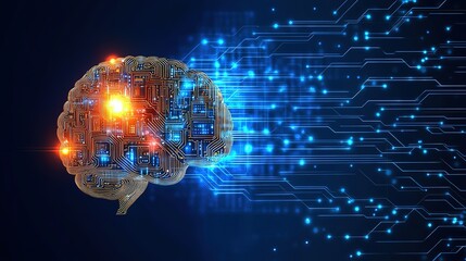 Poster - Big data and artificial intelligence concept. Human brain glowing from processor, symbolizing the fusion of human intelligence and machine learning capabilities. Evolution of technology of data 