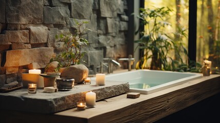 Wall Mural - A luxurious bathroom with a bathtub, candles, and plants, set against a backdrop of a stone wall and a large window overlooking a lush green forest.