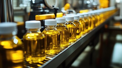 Automated bottling conveyor line for olive oil in a beverage production facility featuring modern computerized industrial machinery for vegetable oil production