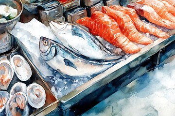 Canvas Print - Watercolor Painting of Fresh Seafood on Display at a Market.