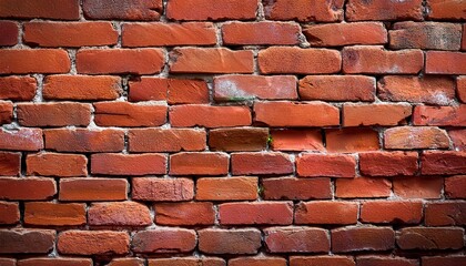 Wall Mural - Close-up of an Aged and Weathered Red Brick Wall with Cracks, Erosion, and Uneven Brickwork. Ideal for Concepts of Urban Decay, Historical Architecture, and Industrial Texture Backgrounds