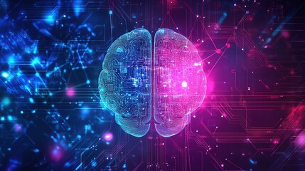 Poster - Big data and artificial intelligence concept. Human brain glowing from processor, symbolizing the fusion of human intelligence and machine learning capabilities. Evolution of technology of data 