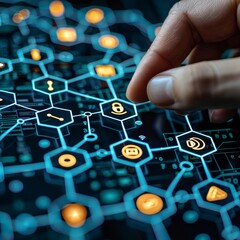 Poster - a hand interacts with a vibrant digital interface of glowing icons and interconnected nodes, showcas