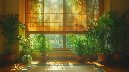 Wall Mural - Sunlight streams through a window with sheer curtains, illuminating a room filled with potted plants, casting long shadows on the wooden floor.