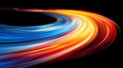 Poster - Bright and vivid light trails in shades of blue, orange, and red flow seamlessly against a black backdrop, creating a captivating sense of motion and energy, reminiscent of fast-paced movement.