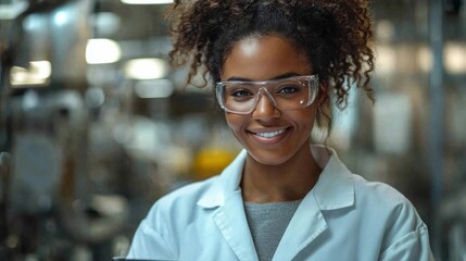 Aufkleber - A woman wearing a lab coat and safety glasses is smiling