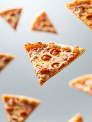 Poster - Pepperoni pizza slices soar diagonally, capturing attention and delivering a playful spirit perfect for any food-themed event. Generative AI