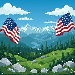 A picturesque landscape features lush green valleys and towering mountains, with two American flags proudly displayed, under a clear blue sky adorned with fluffy white clouds.