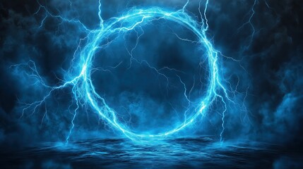 Poster - Abstract blue lightning background with a striking circular frame at the center, creating a powerful and energetic visual impact. The high-resolution and ultra-realistic details of the lightning bolts