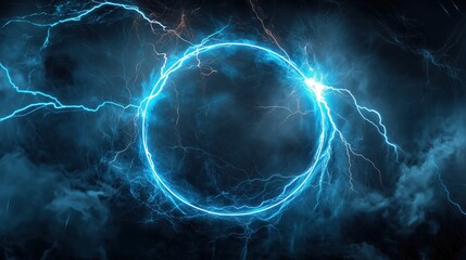 Poster - Abstract blue lightning background with a striking circular frame at the center, creating a powerful and energetic visual impact. The high-resolution and ultra-realistic details of the lightning bolts
