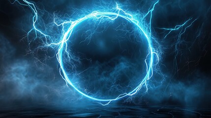 Poster - Abstract blue lightning background with a striking circular frame at the center, creating a powerful and energetic visual impact. The high-resolution and ultra-realistic details of the lightning bolts