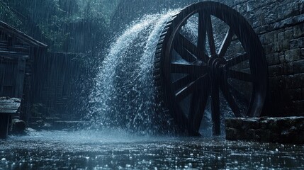 A weathered wooden water wheel spins in a downpour, creating a misty spray.